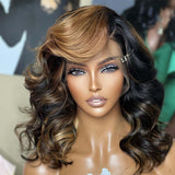 Highlight Skunk Stripe Color Short Wavy 13X4 Lace Front Bob Wig Human Hair