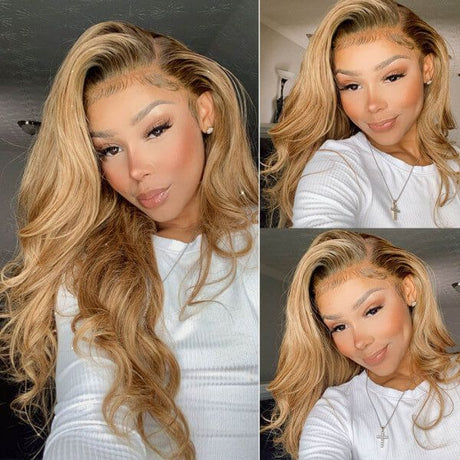 Body Wave #27 with Black Roots Honey Blonde Lace Front Wigs Human Hair