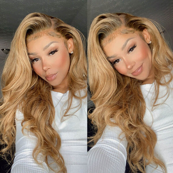 Body Wave #27 with Black Roots Honey Blonde Lace Front Wigs Human Hair