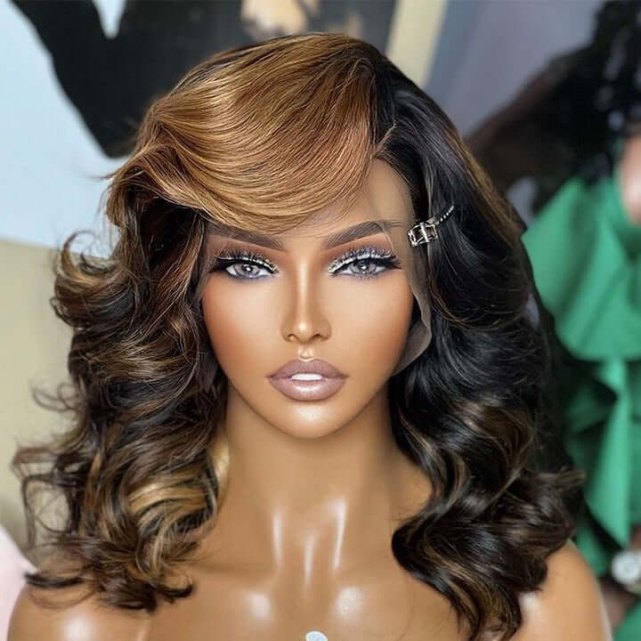 Highlight Skunk Stripe Color Short Wavy 13X4 Lace Front Bob Wig Human Hair
