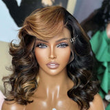 Highlight Skunk Stripe Color Short Wavy 13X4 Lace Front Bob Wig Human Hair