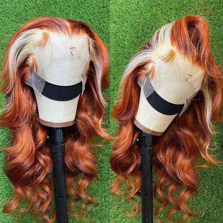 New Fashion Blonde Ginger Highlight Body Wave Human Hair Lace Front Wig