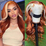 New Fashion Blonde Ginger Highlight Body Wave Human Hair Lace Front Wig