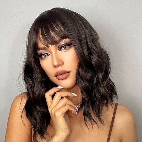 Bob 4X4 Lace Wave Wigs with Bangs Natural Black 100% Human Hair