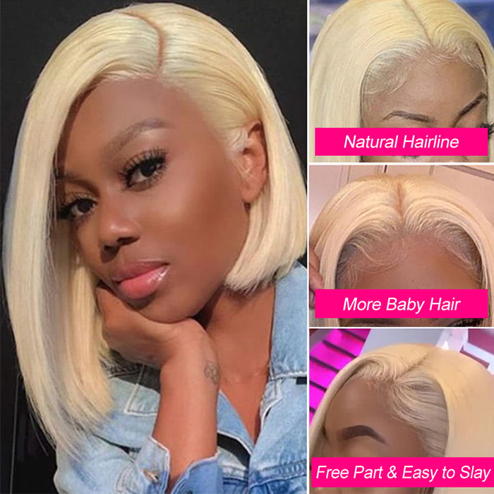 613 Blonde Straight Bob Wigs Human Hair Pre Plucked Glueless Lace Wig 150% Density