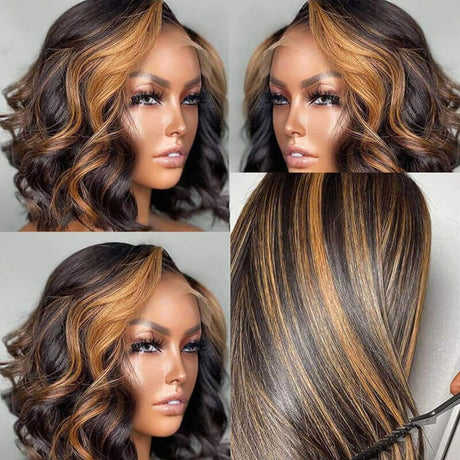 Brazilian Hair 4X4 Highlight Honey Blonde Body Wave Bob Wigs Lace Closure Human Hair