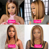 P4/27 Highlight Short Straight Bob 4x4 Lace Closure Wig 100% Human Virgin Hair 150% Density