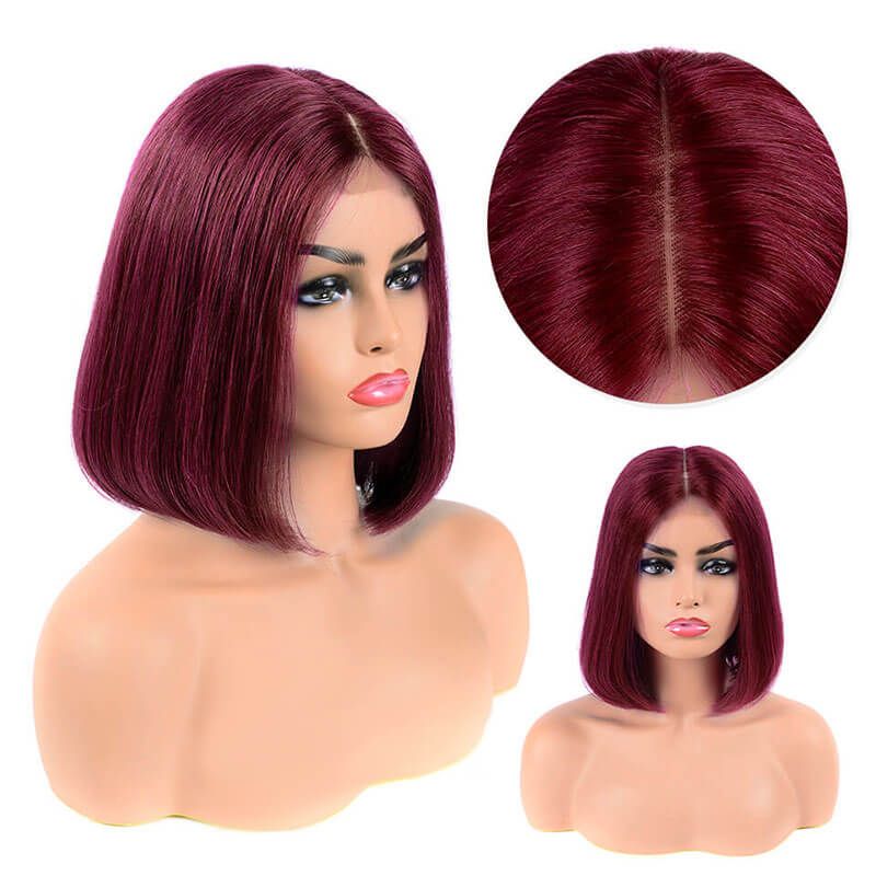 13X6 Lace Front Wig 150% Density Burgundy Bob Human Hair