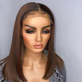 Chestnut Brown Short Bob Straight Human Hair Wigs Ombre Color Lace Closure Wigs