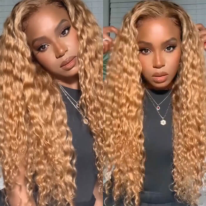 Water Wave Honey Blonde 13*4 13*6 HD Transparent Lace Frontal Wigs #27 Colored Human Hair Wig For Women