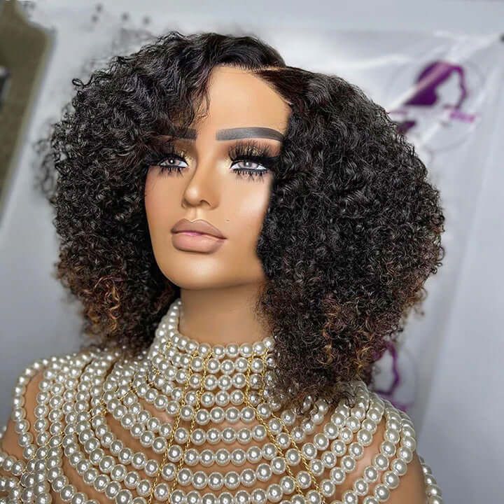 Afro Kinky Curly 5X5 Crystal Lace Closure Human Hair Wigs With Brown