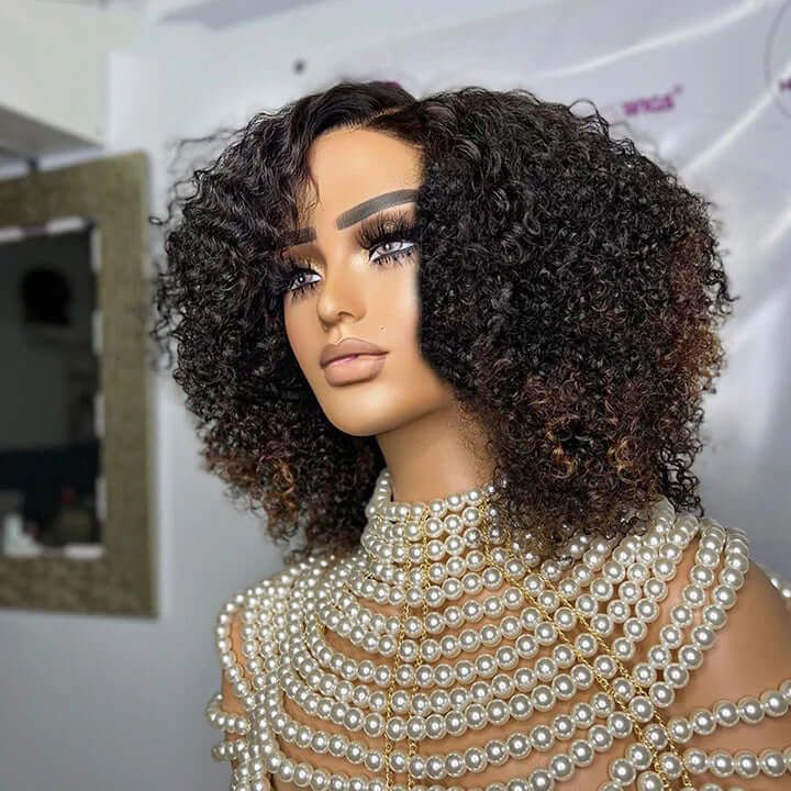 Afro Kinky Curly 5X5 Crystal Lace Closure Human Hair Wigs With Brown