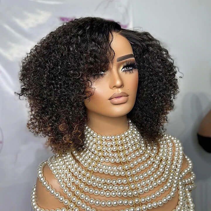 Afro Kinky Curly 5X5 Crystal Lace Closure Human Hair Wigs With Brown