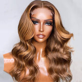 5x5 HD Lace Closure Wig Middel Part Wavy Chestnut Brown with Blonde Highlights