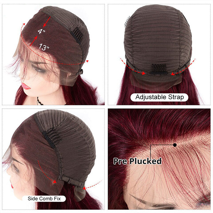 T1b/99J Red Color Human Hair 13x4 Lace Front Wigs Burgundy Straight Short Bob Brazilian Remy Pre Plucked Wig 150%