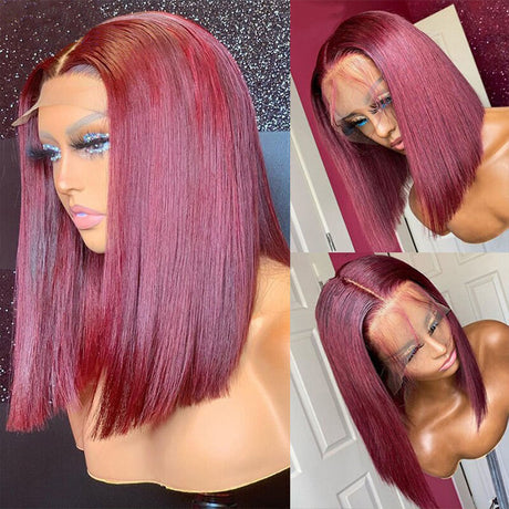 Short Bob 13x4 Lace Front Wig Straight 99J Red Wine Colored Human Hair Wig For Women