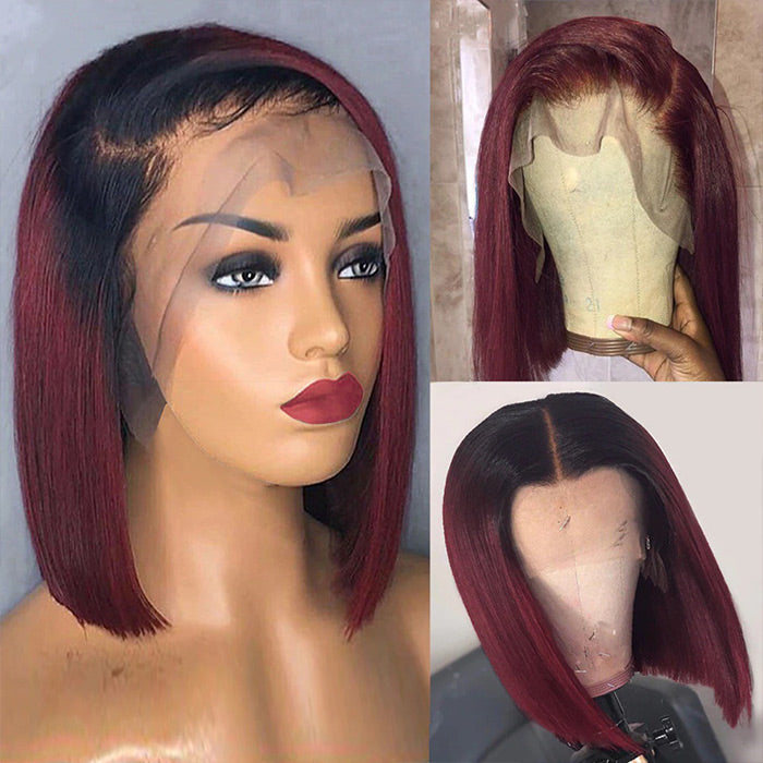 T1b/99J Red Color Human Hair 13x4 Lace Front Wigs Burgundy Straight Short Bob Brazilian Remy Pre Plucked Wig 150%