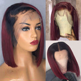 T1b/99J Red Color Human Hair 13x4 Lace Front Wigs Burgundy Straight Short Bob Brazilian Remy Pre Plucked Wig 150%