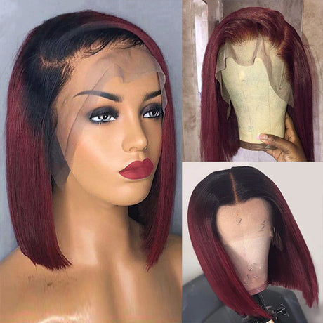 T1b/99J Red Color Human Hair 13x4 Lace Front Wigs Burgundy Straight Short Bob Brazilian Remy Pre Plucked Wig 150%