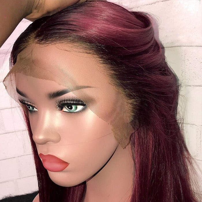 T1b/99J Red Color Human Hair 13x4 Lace Front Wigs Burgundy Straight Short Bob Brazilian Remy Pre Plucked Wig 150%