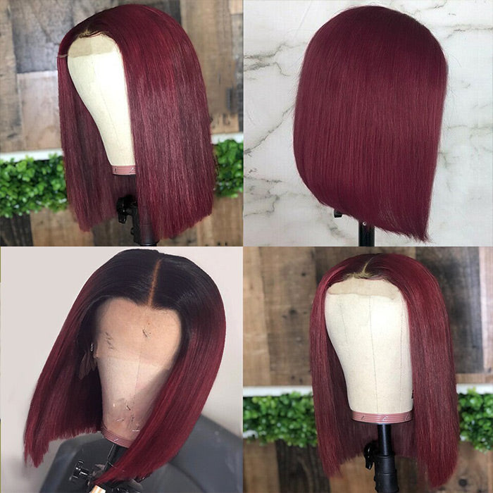 T1b/99J Red Color Human Hair 13x4 Lace Front Wigs Burgundy Straight Short Bob Brazilian Remy Pre Plucked Wig 150%