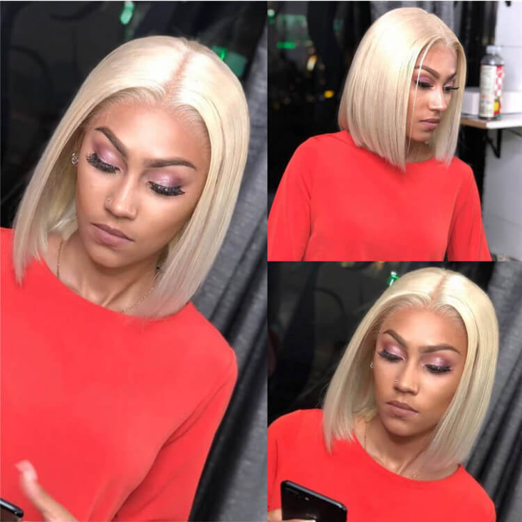 613 Blonde Straight Bob Wigs Human Hair Pre Plucked Glueless Lace Wig 150% Density