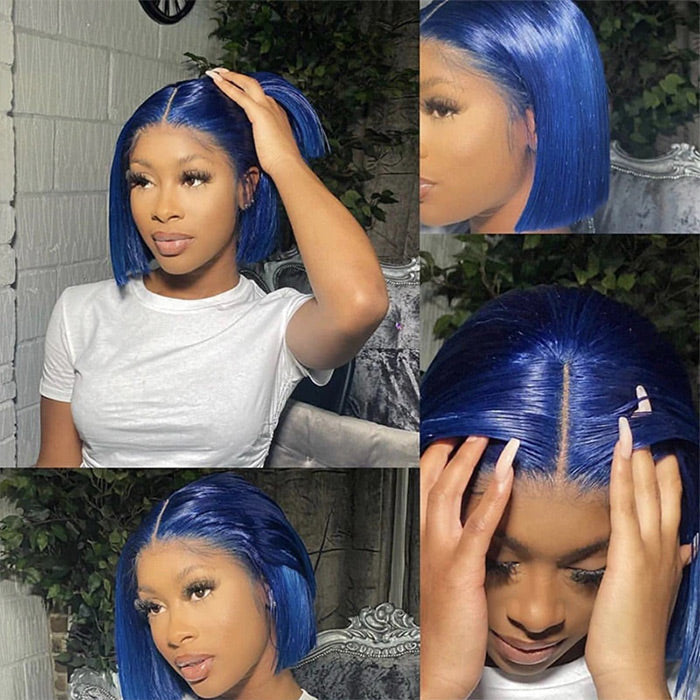 Blue Bob Wig 150% Density Straight 13x4 Lace Front Human Hair Wig Natural Hairline Bob Wigs