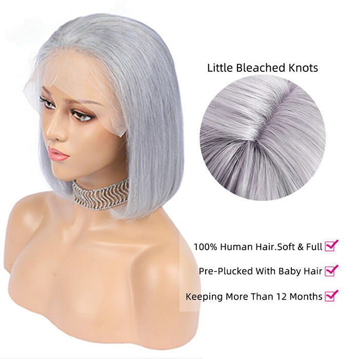 Grey 13x4 Lace Front Human Hair Wigs  Straight Colored Sliver Bob Lace Wigs For Black Women Pre Plucked 150%