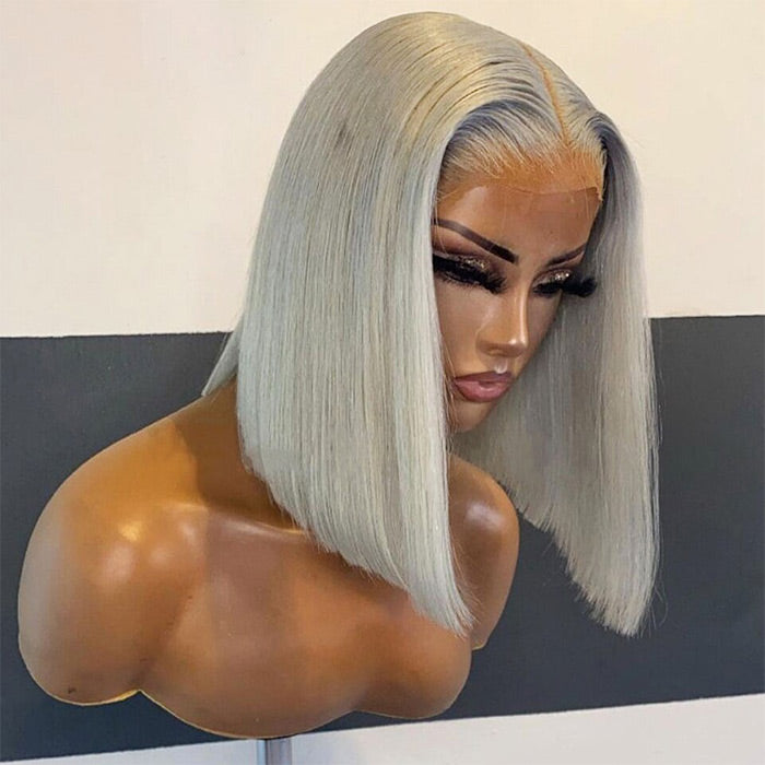 Grey 13x4 Lace Front Human Hair Wigs  Straight Colored Sliver Bob Lace Wigs For Black Women Pre Plucked 150%