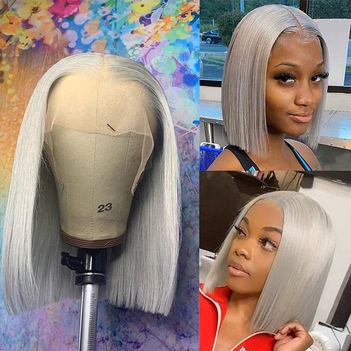 Grey 13x4 Lace Front Human Hair Wigs  Straight Colored Sliver Bob Lace Wigs For Black Women Pre Plucked 150%