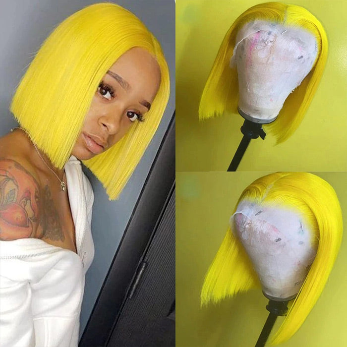 Yellow Straight Human Hair Bob Wigs 13x4 Brazilian Remy Colored Short Bob Wigs Glueless Human Hair Wigs 150?%