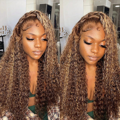 Highlight Honey Blonde Curly Wave Lace Front Wigs 150% Density Human Hair