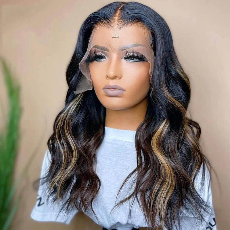 13x4 Body Wave Highlight Colored Wig With Pre Plucked Hairline Lace Front Wigs Human Hair