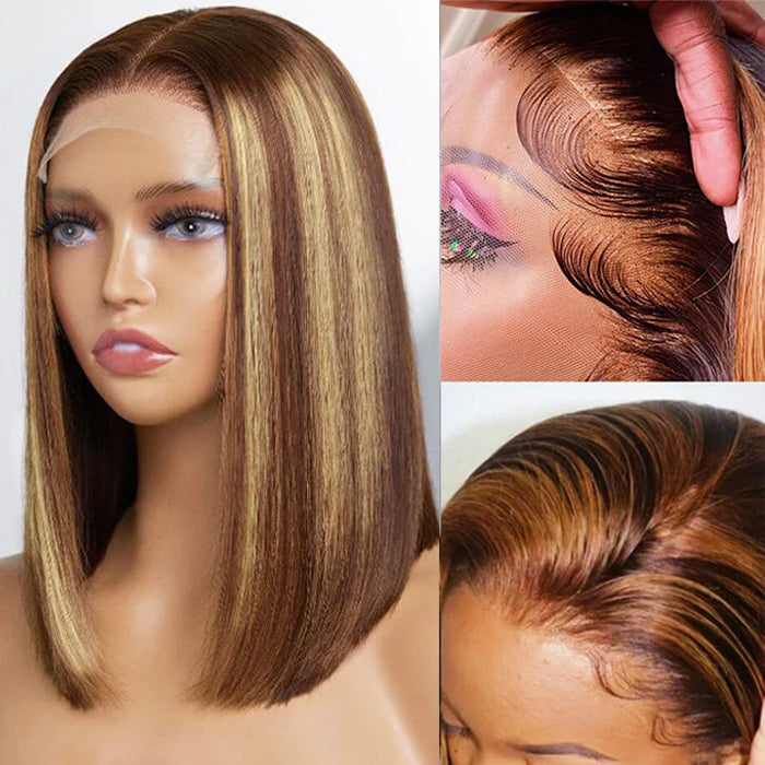 P4/27 Highlight Short Straight Bob 4x4 Lace Closure Wig 100% Human Virgin Hair 150% Density