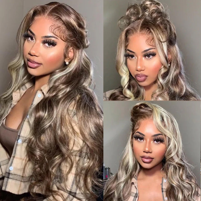 Exclusive #P18/613 Ash Blonde Highlight Color Lace Front Human Hair Wigs