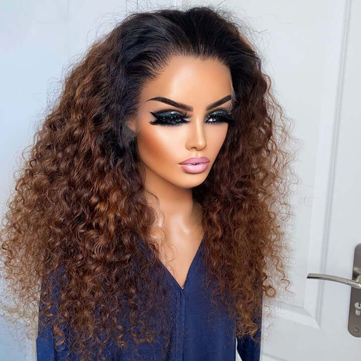 Bouncy Ombre Brown Color Deep Wave 13x4 Lace Human Hair Wigs