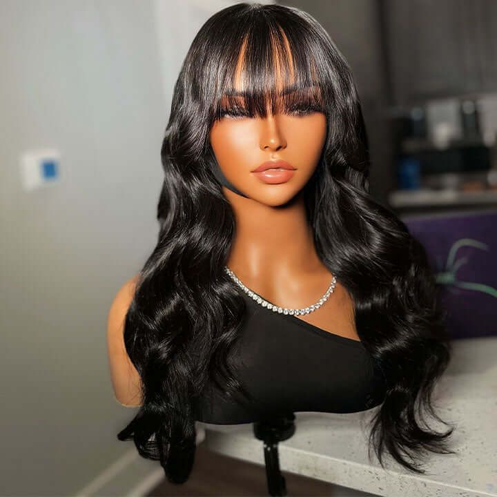 Glueless Brazilian Body Wave Human Hair Wigs With Bangs Easy to Wear