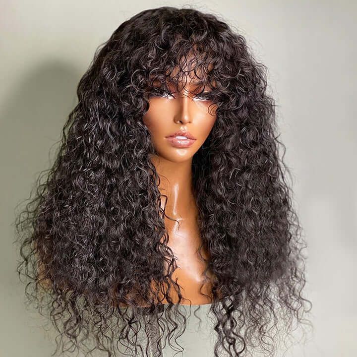 Glueless Curly Human Hair Wigs With Bangs Lace Front Wigs 180% Density