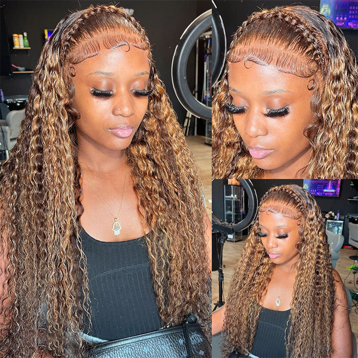 Highlight Honey Blonde Curly Wave Lace Front Wigs 150% Density Human Hair