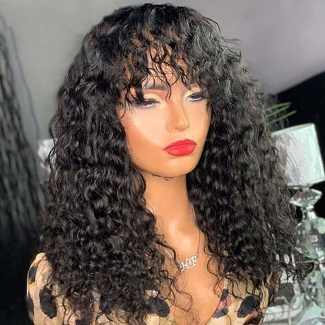 Glueless Curly Human Hair Wigs With Bangs Lace Front Wigs 180% Density