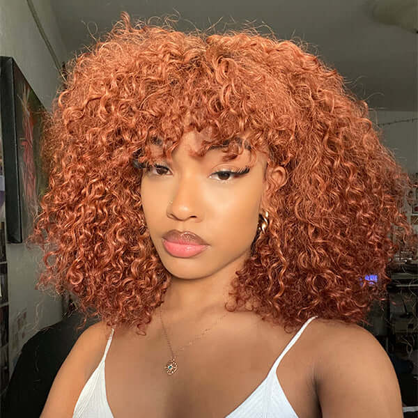 Ombre Brown Deep Wave Wig With Cute Bangs Human Hair Wigs