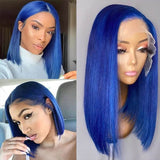 Blue Bob Wig 150% Density Straight 13x4 Lace Front Human Hair Wig Natural Hairline Bob Wigs