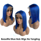 Blue Bob Wig 150% Density Straight 13x4 Lace Front Human Hair Wig Natural Hairline Bob Wigs