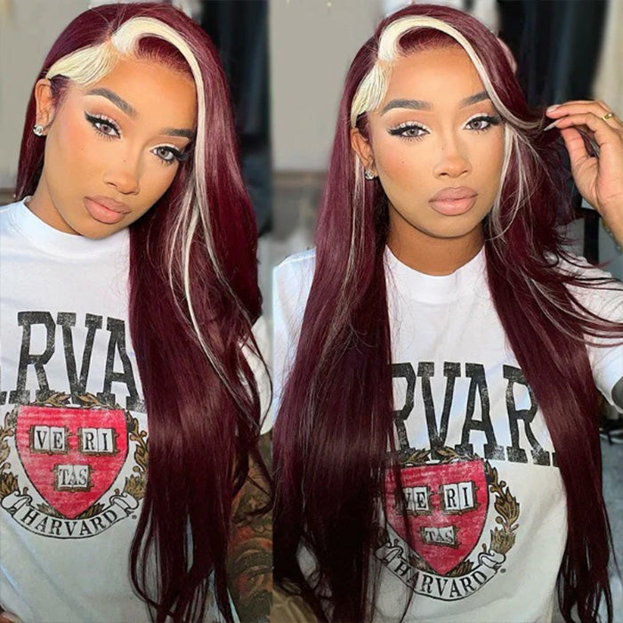 99J Burgundy Wig With Blonde Highlights Streaks Straight & Body Wave 13*4 HD Lace Front Wigs Human Hair