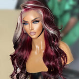 99J Burgundy Wig With Blonde Highlights Streaks Straight & Body Wave 13*4 HD Lace Front Wigs Human Hair