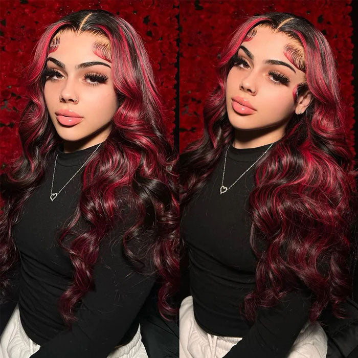 Dark 99J Burgundy With Rose Red Highlights 13x4 HD Lace Front Wigs Human Hair Body Wave