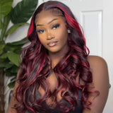 Dark 99J Burgundy With Rose Red Highlights 13x4 HD Lace Front Wigs Human Hair Body Wave