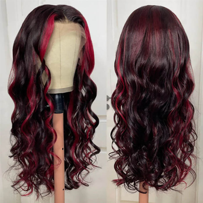 Dark 99J Burgundy With Rose Red Highlights 13x4 HD Lace Front Wigs Human Hair Body Wave