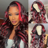 Dark 99J Burgundy With Rose Red Highlights 13x4 HD Lace Front Wigs Human Hair Body Wave