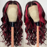 Dark 99J Burgundy With Rose Red Highlights 13x4 HD Lace Front Wigs Human Hair Body Wave